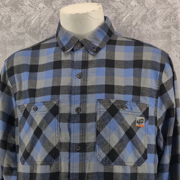 Duluth Trading 40 Grit Flannel Shirt Mens Large Tall Blue Gray Plaid Long Sleeve - Picture 2 of 12